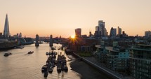 Aerial View Of London  City Skyline With Setting Sun