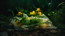 AI Generated Image. Yellow buttercups flowers in a plastic polyethylene bag in a forest