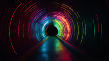AI generated image. Dark tunnel of rainbow neon colors