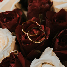 wedding rings on red and white roses 