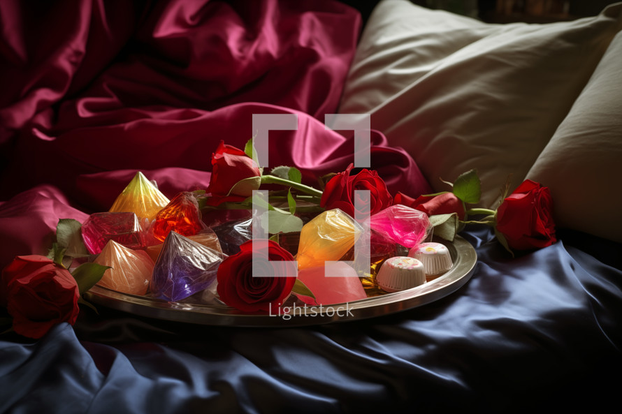 AI Generated Image. Roses and candies on a bed at night for Valentine Day celebration