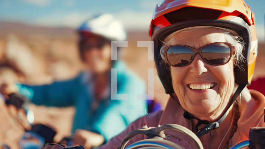 AI Image. Active senior women ready to drive quadbikes in desert