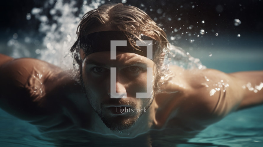 AI Generated Image. Male swimmer doing the butterfly stroke toward the camera