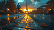 AI Generated Image. Athlete jogging in summer Paris in sunrise
