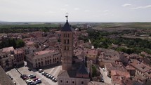 Aerial panoramic: Iglesia de San Esteban church, Segovia oldtown, Spain	
