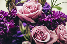 A bouquet of pink and purple flowers.