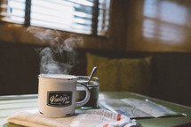 mug on a table in a camper 