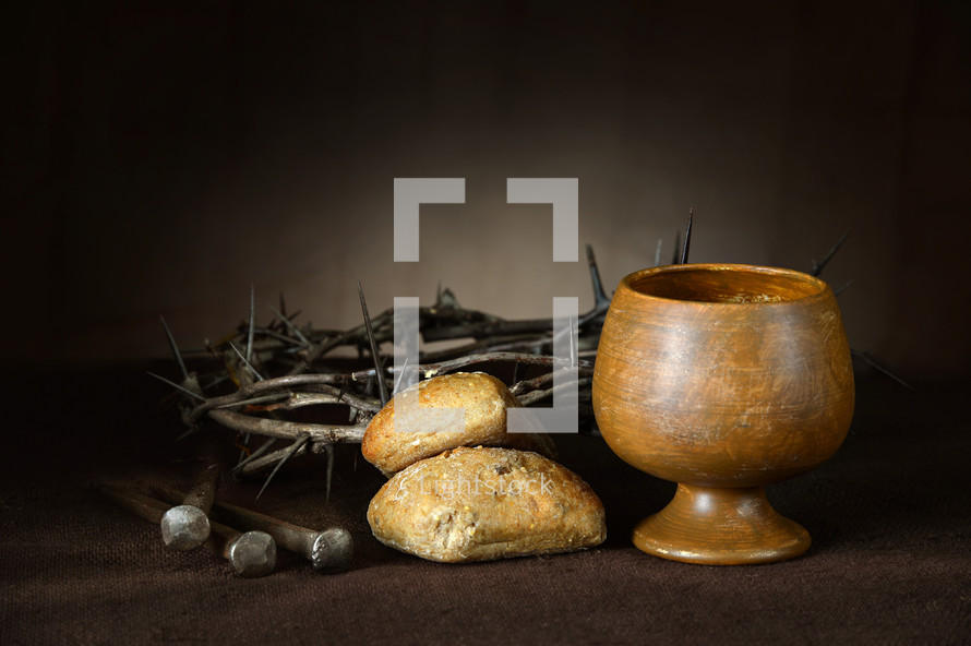 communion, nails, crown of thorns, wine, bread, Good Friday, crown, chalice 