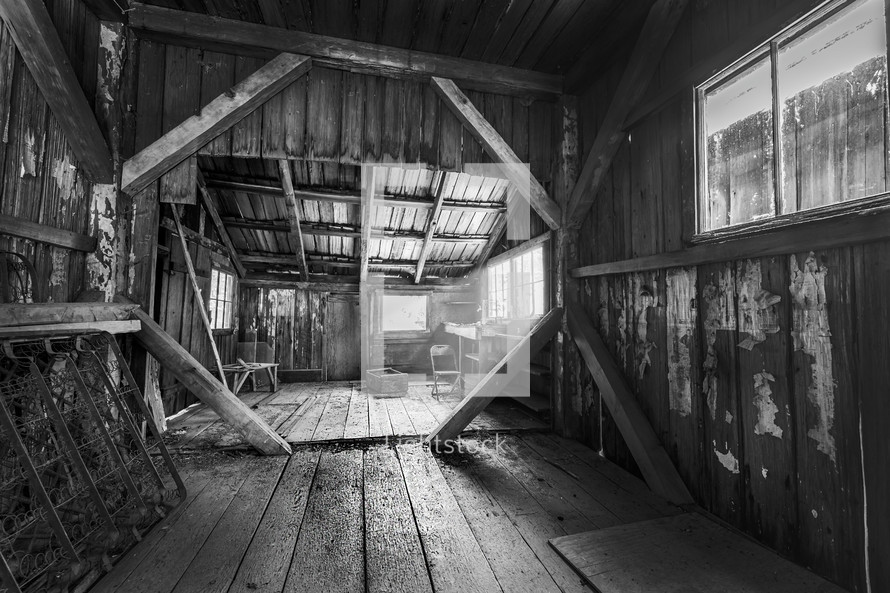 Old Cabin Interior in Black and White