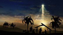 Christmas Scene with twinkling stars and brighter star of Bethlehem with nativity characters animated animals and trees. Seamless Loop of Nativity Christmas story under starry sky and moving wispy clouds