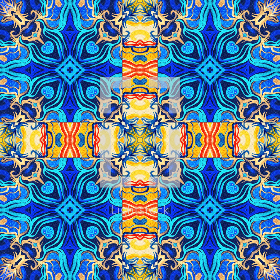 colorful abstract cross design in blue, golden yellow, red-orange