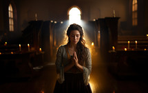 A young simple woman praying in a church with candles during a mass on Sunday. 