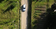 Top View Of A Car Driving On Dirt Road With Conifer Trees. Aerial Topdown Shot