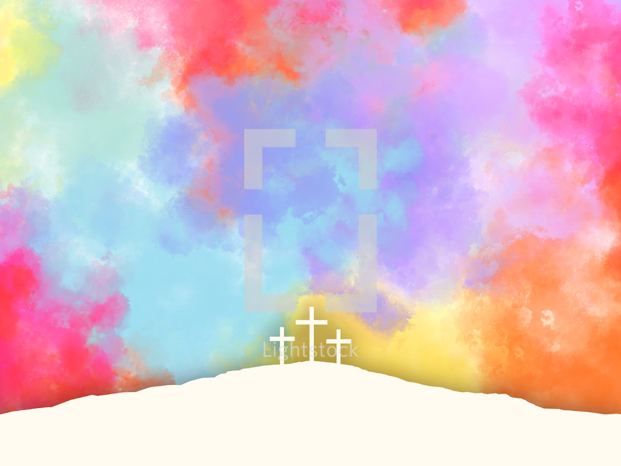 Christian Easter background with three crosses on hill of Calvary with vibrant paint watercolor texture in sky, 