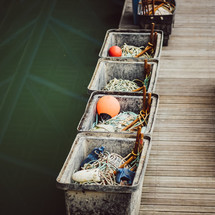 buoys and nets in buckets on a dock 