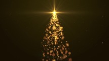Bright Christmas tree with twinkling lights and star on black background
