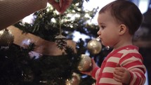toddler hanging ornaments on a Christmas tree 