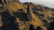 Drone footage of the Storr mountain peak in Scotland.