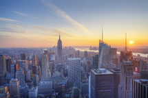 Elevated view of Manhattan at sunset. New York City, New York, USA. 