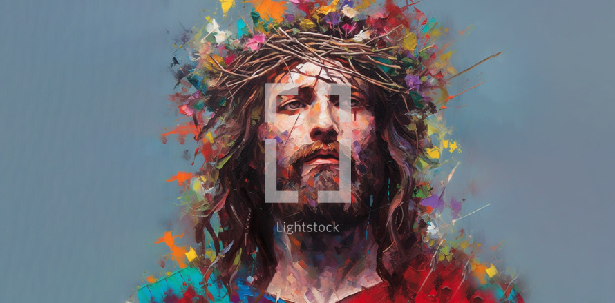 Jesus wearing a colorful crown of thorns, painting in an abstract way
