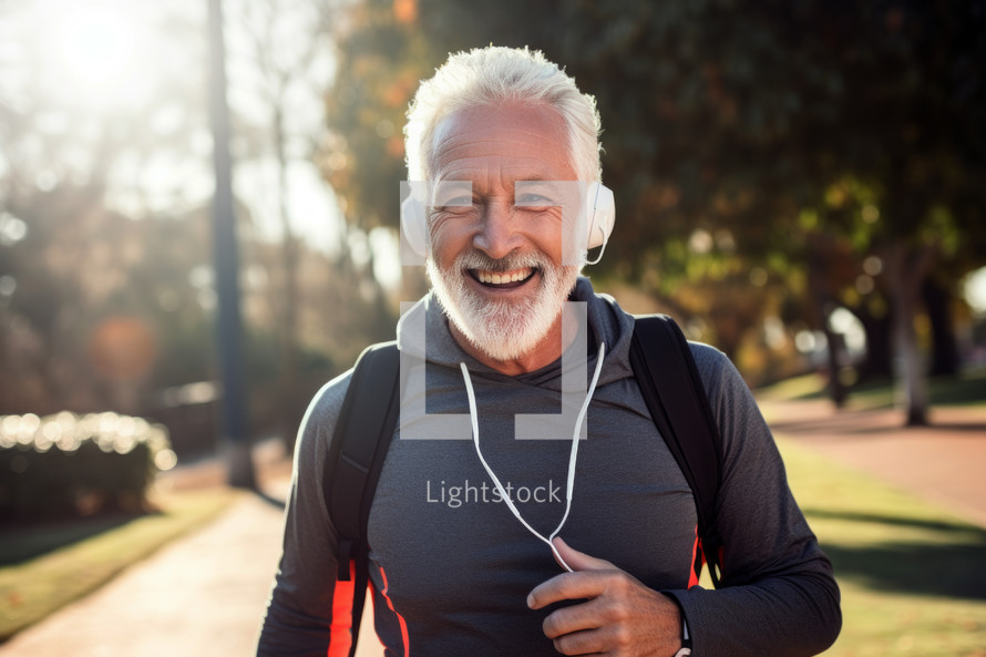 AI generated image. Smiling active senior man in fitness wear running in the park