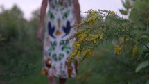 Woman in summer dress walks by golden rod flower in meadow - focus on flower
