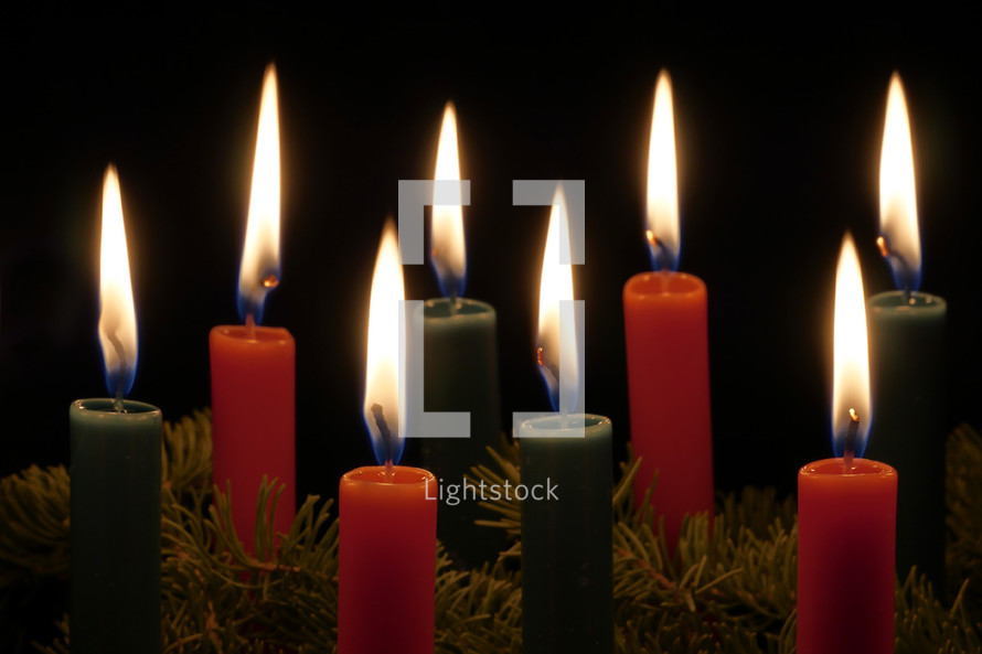 red, green, pine, garland, flames, Christmas, candles 