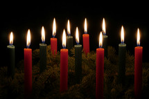 red, green, candles, flames, pine, garland, Christmas 
