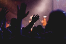 silhouette, raised hands, contemporary worship service, worship 