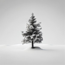 Small evergreen tree surrounded by snow drifts