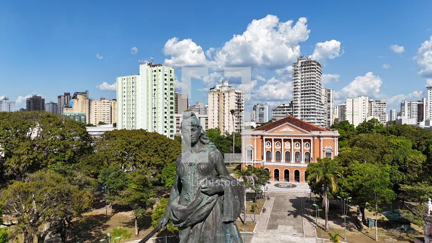 Aerial photo taken with drone of statue in Praça Republica in front of the Peace Theater in Belém, Pará, Brazil