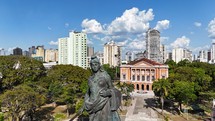 Aerial photo taken with drone of statue in Praça Republica in front of the Peace Theater in Belém, Pará, Brazil