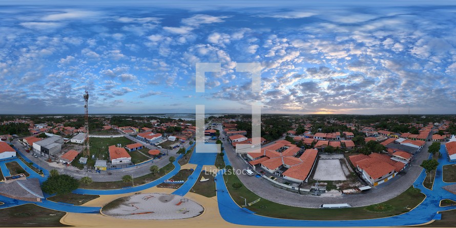 360 aerial photo taken with drone of Praça Matriz in Santo Amaro near the Lençóis Maranhenses National Park on north coast of Brazil