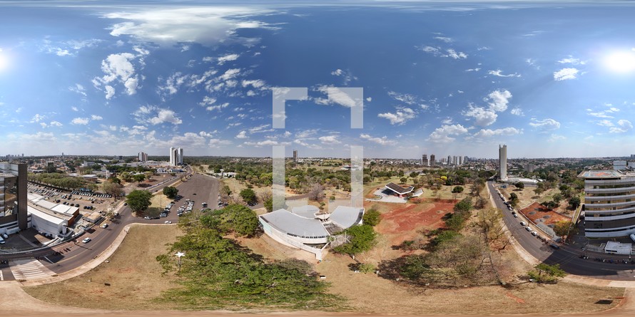 360 aerial photo taken with drone of Concha Acústica Helena Meirelles where musical performances are held in Parque das Nações Indígenas in Campo Grande, Mato Grosso do Sul, Brazil