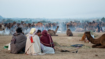 men sitting by a fire and camels in India 