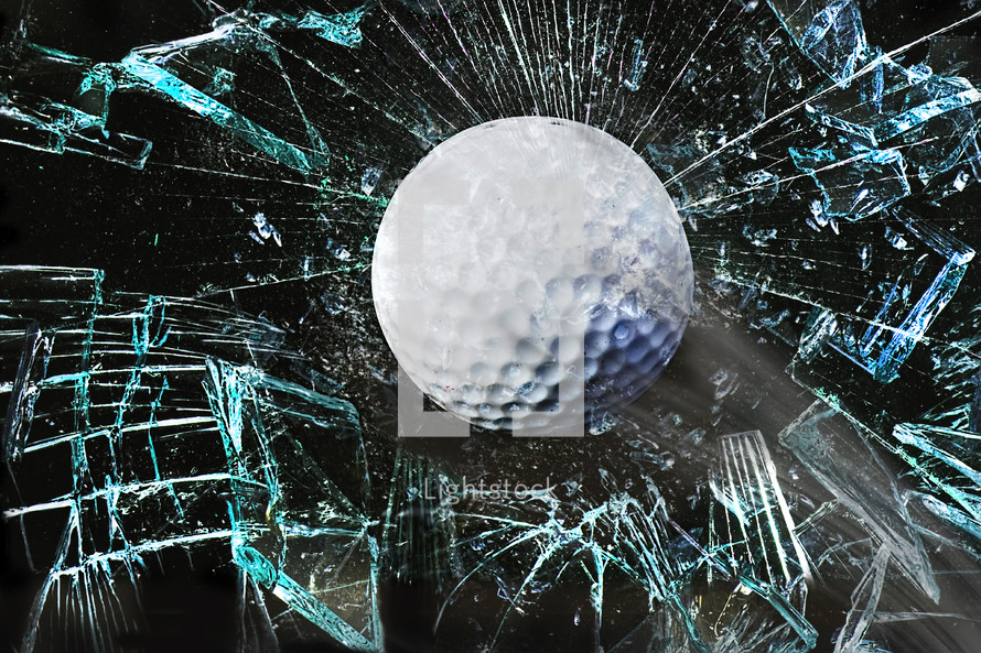 golf ball and shattered glass 