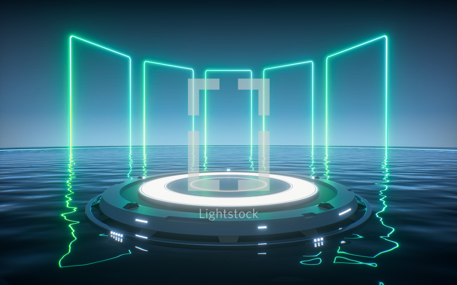 Glowing neon lines and futuristic stage, 3d rendering.