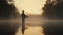 Young fly fisherman casting on a foggy river at sunrise