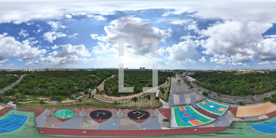 360 aerial photo taken with drone of sports multi-complex in Parque do Rangedor  in São Luís, Maranhão, Brazil