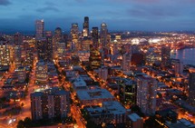 City skyline from Space Needle at dusk. Sunset