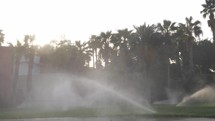 Irrigation system on a hotel lawn