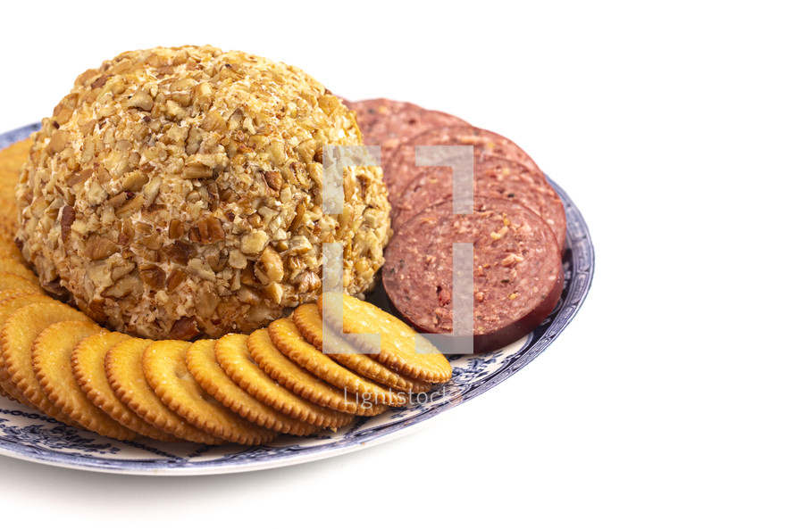 summer sausage, cheese ball, and cracker tray 