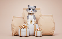 Little cat and brown blank paper package bag, 3d rendering.