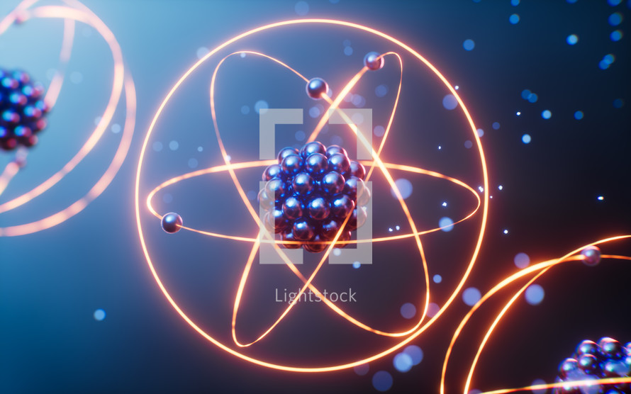 Physics atom with dark blue background, 3d rendering.