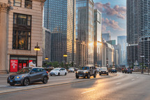 Chicago downtown city traffic  at sunset