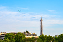 The top of the Eiffel Tower pokes out above treetops and buildings in Paris, France, as a bird flies by in blue skies.