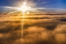 clouds, sun, sunlight, airplane window view, rays, sunburst, sky
