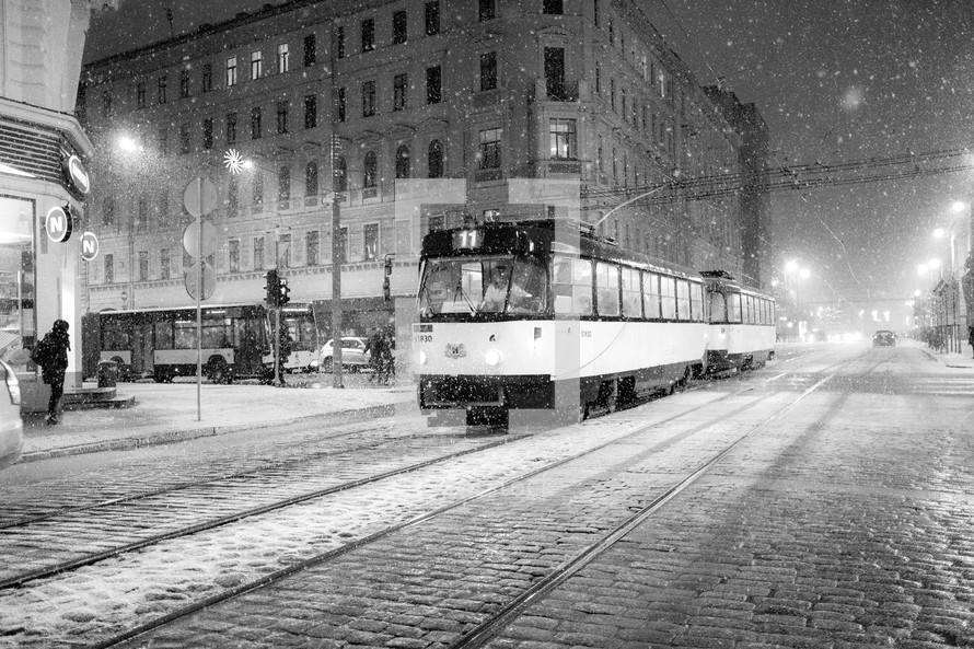 city tram in snow 