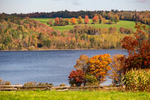 fall trees around a lake shore 