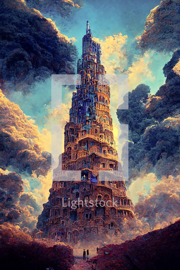 Colorful art landscape with the tower of Babel in dramatic light. Art illustration. Digital art image.